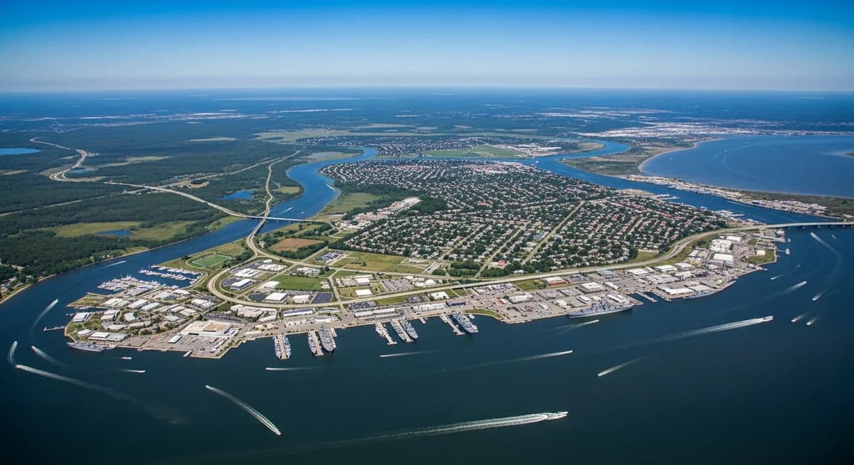 Contractor marketing services in Chesapeake, Virginia with Hampton Roads suburban neighborhoods tidal waterways Great Dismal Swamp greenery and coastal Virginia sky