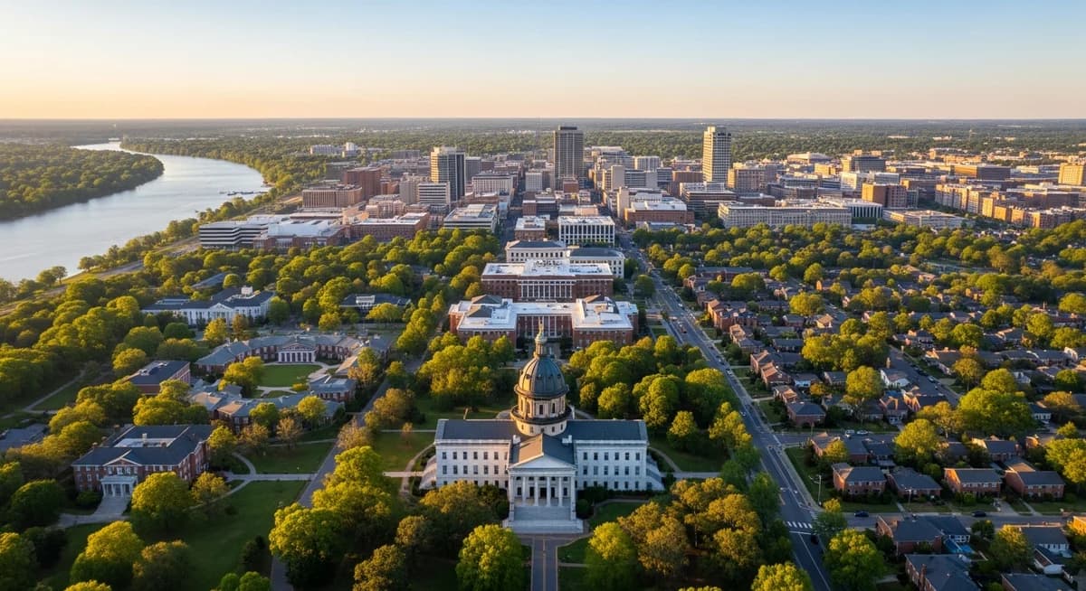 Contractor marketing services in Columbia, South Carolina with South Carolina State House dome and Congaree River backdrop and suburban residential neighborhoods