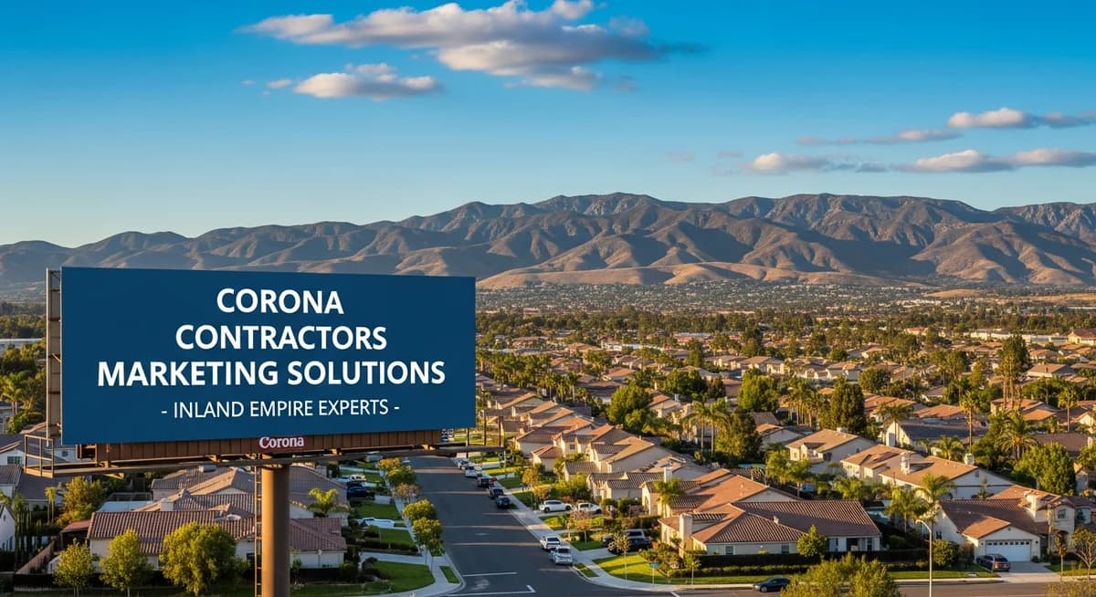 Contractor marketing services in Corona, California with Inland Empire suburban neighborhoods Santa Ana Mountains foothills Riverside County residential homes and California blue sky