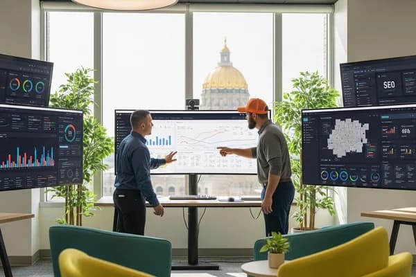 Contractor marketing services in Des Moines, Iowa with the Iowa State Capitol and city skyline