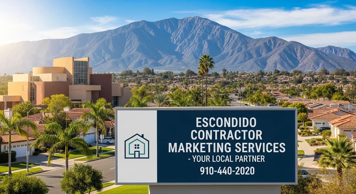 Contractor marketing services in Escondido California with North San Diego County suburban residential neighborhoods California Center for the Arts Palomar Mountain backdrop California blue sky