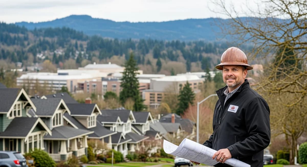 Contractor marketing services in Eugene, Oregon with University of Oregon campus and Willamette Valley landscape and Pacific Northwest craftsman residential neighborhoods