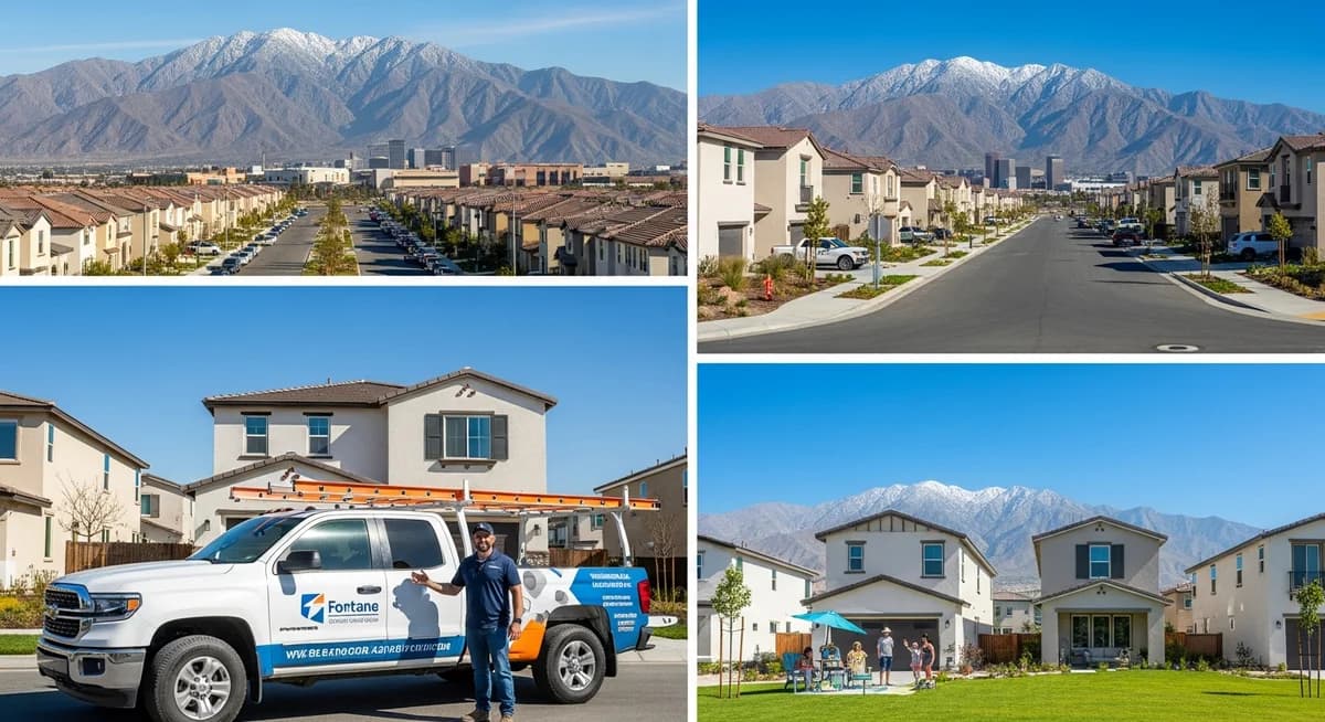 Contractor marketing services in Fontana, California with San Gabriel Mountains and San Bernardino Mountains backdrop and Inland Empire suburban residential neighborhoods