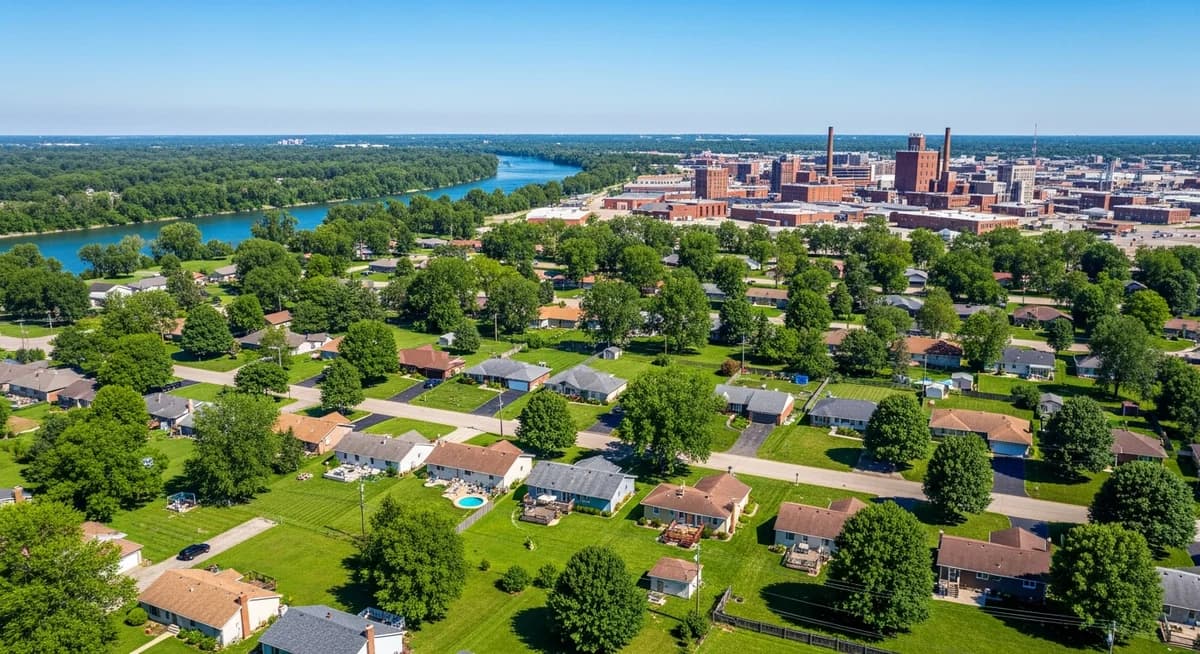 Contractor marketing services in Fort Wayne, Indiana with Northeast Indiana suburban neighborhood homes and St. Marys River backdrop