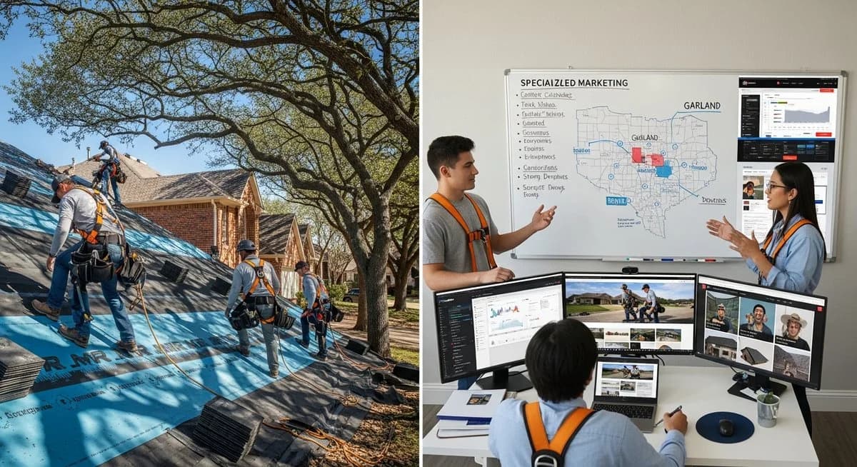 Contractor marketing services in Garland, Texas with Dallas-area suburban neighborhood homes and clear Texas sky