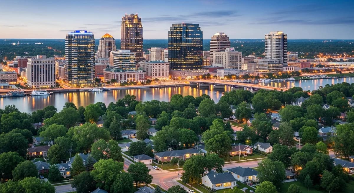 Contractor marketing services in Grand Rapids, Michigan with Grand River waterway and downtown skyline backdrop and suburban residential neighborhoods