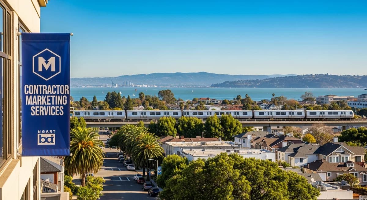 Contractor marketing services in Hayward California with East Bay suburban residential neighborhoods BART transit San Francisco Bay waterfront hills backdrop California blue sky