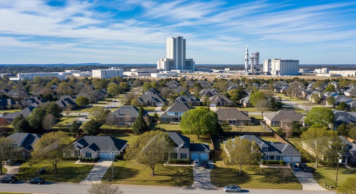 Contractor marketing services in Huntsville, Alabama with NASA Marshall Space Flight Center and Redstone Arsenal aerospace backdrop and residential neighborhoods