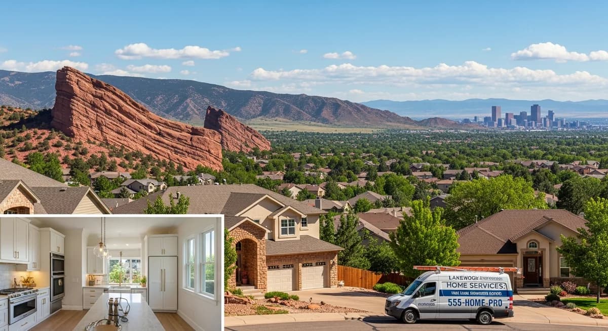 Contractor marketing services in Lakewood Colorado with Green Mountain mesa suburban residential neighborhoods Rocky Mountain foothills Red Rocks Amphitheater Denver skyline Colorado blue sky