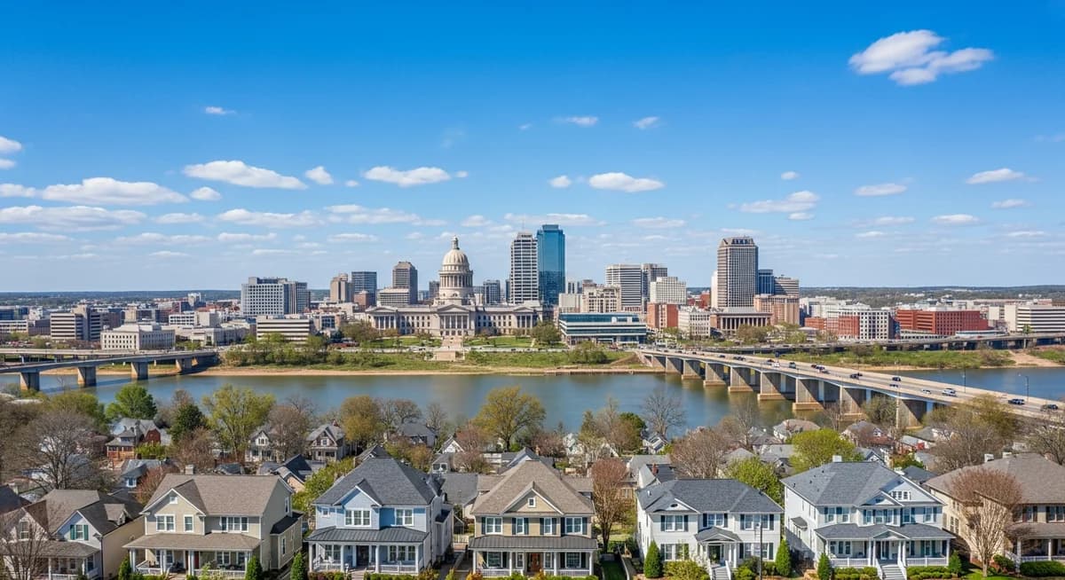 Contractor marketing services in Little Rock, Arkansas with Arkansas River waterway and state capitol backdrop and historic residential neighborhoods