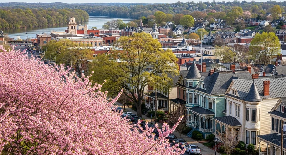 Contractor marketing services in Macon, Georgia with Ocmulgee River waterway and cherry blossom trees and historic Victorian residential architecture of Middle Georgia