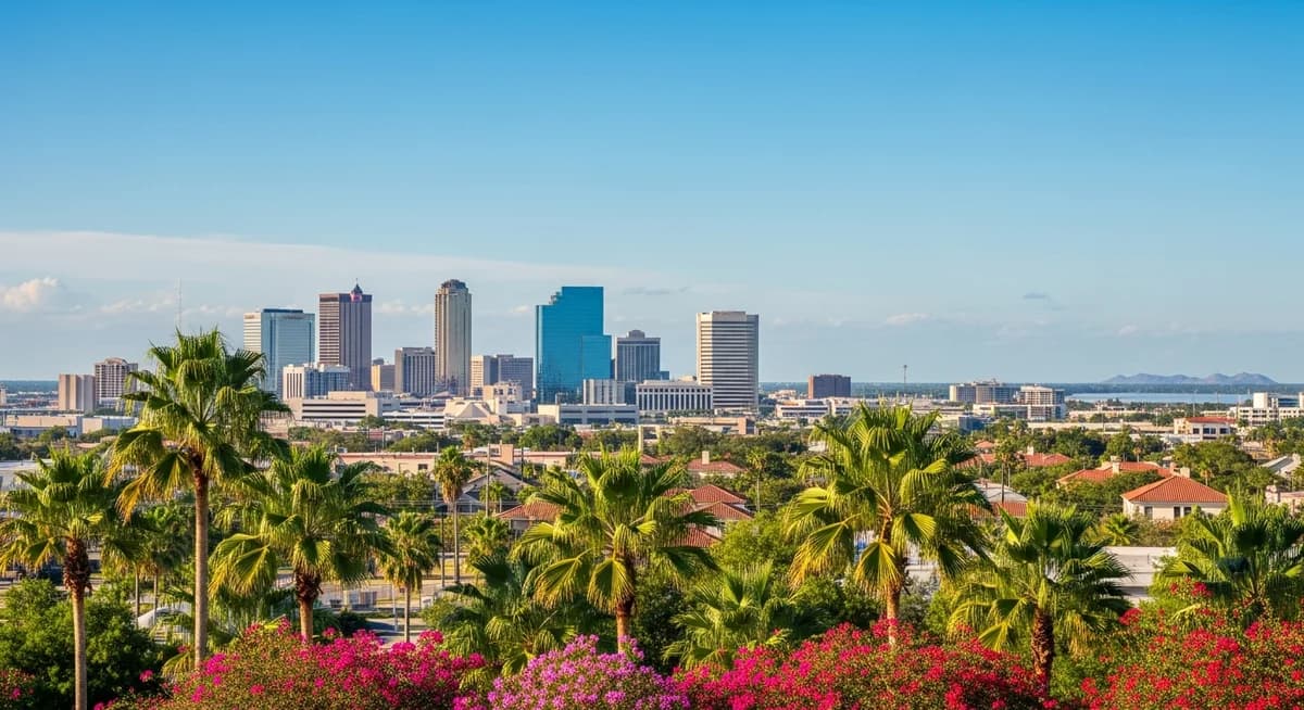 Contractor marketing services in McAllen, Texas with Rio Grande Valley subtropical landscape and palm trees and modern commercial district serving US-Mexico border region