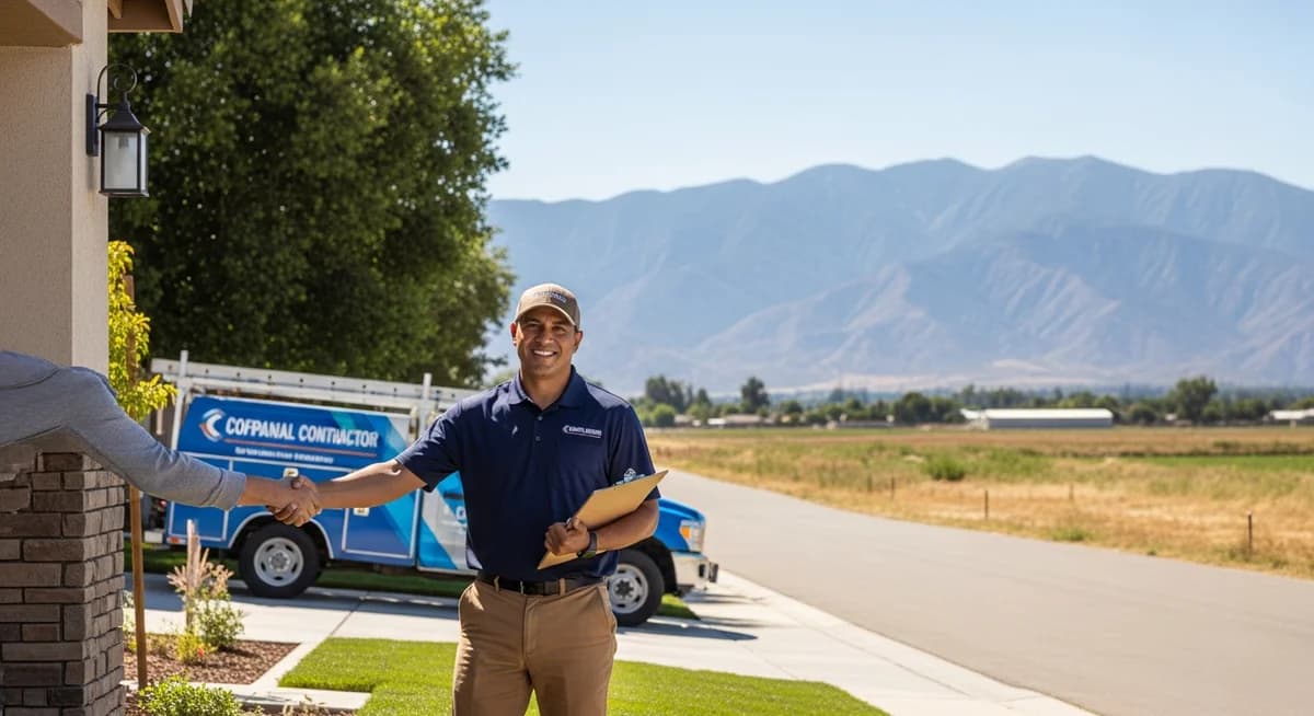 Contractor marketing services in Modesto, California with Central Valley landscape and Tuolumne River backdrop and suburban residential neighborhoods with Sierra Nevada mountains