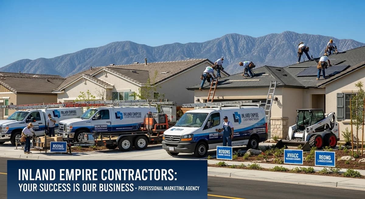 Contractor marketing services in Moreno Valley, California with Box Springs Mountains Inland Empire suburban housing development residential neighborhoods and Southern California blue sky