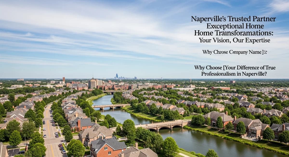 Contractor marketing services in Naperville, Illinois with DuPage River Riverwalk downtown main street upscale suburban residential neighborhoods brick colonial homes and Illinois blue sky