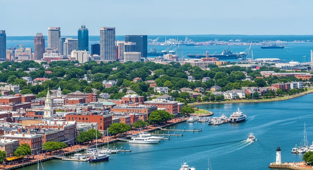 Contractor marketing services in Norfolk, Virginia with historic Hampton Roads neighborhood homes and naval base backdrop