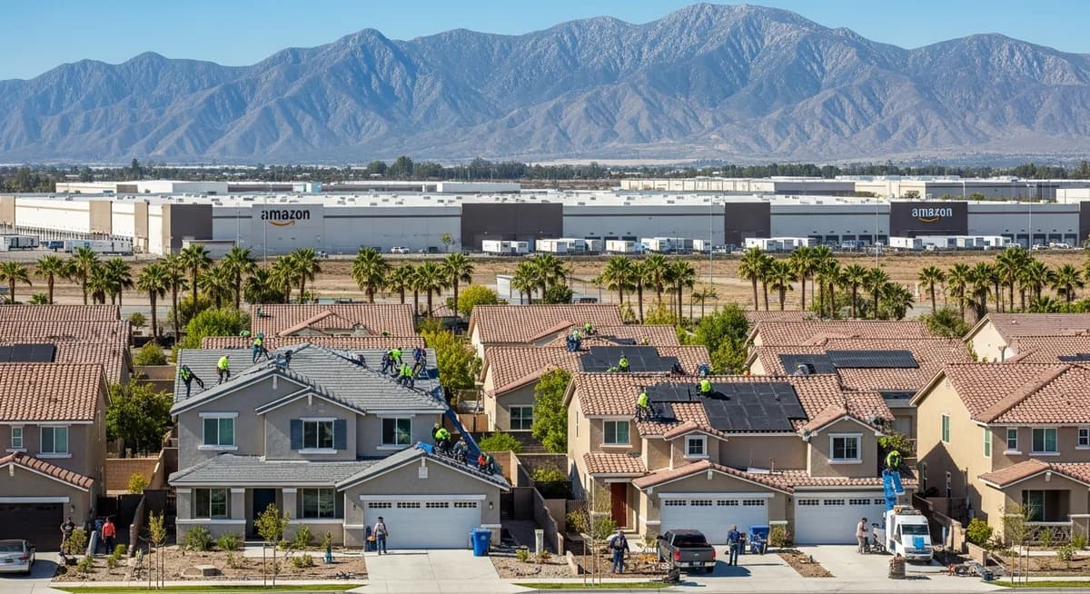 Contractor marketing services in Ontario, California with Inland Empire San Gabriel Mountains backdrop logistics distribution centers suburban residential neighborhoods and California blue sky