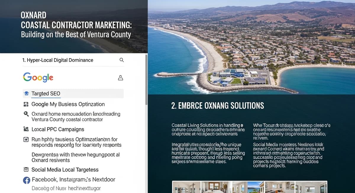Contractor marketing services in Oxnard, California with Ventura County coastal landscape Pacific Ocean harbor Channel Islands and agricultural fields below California sky