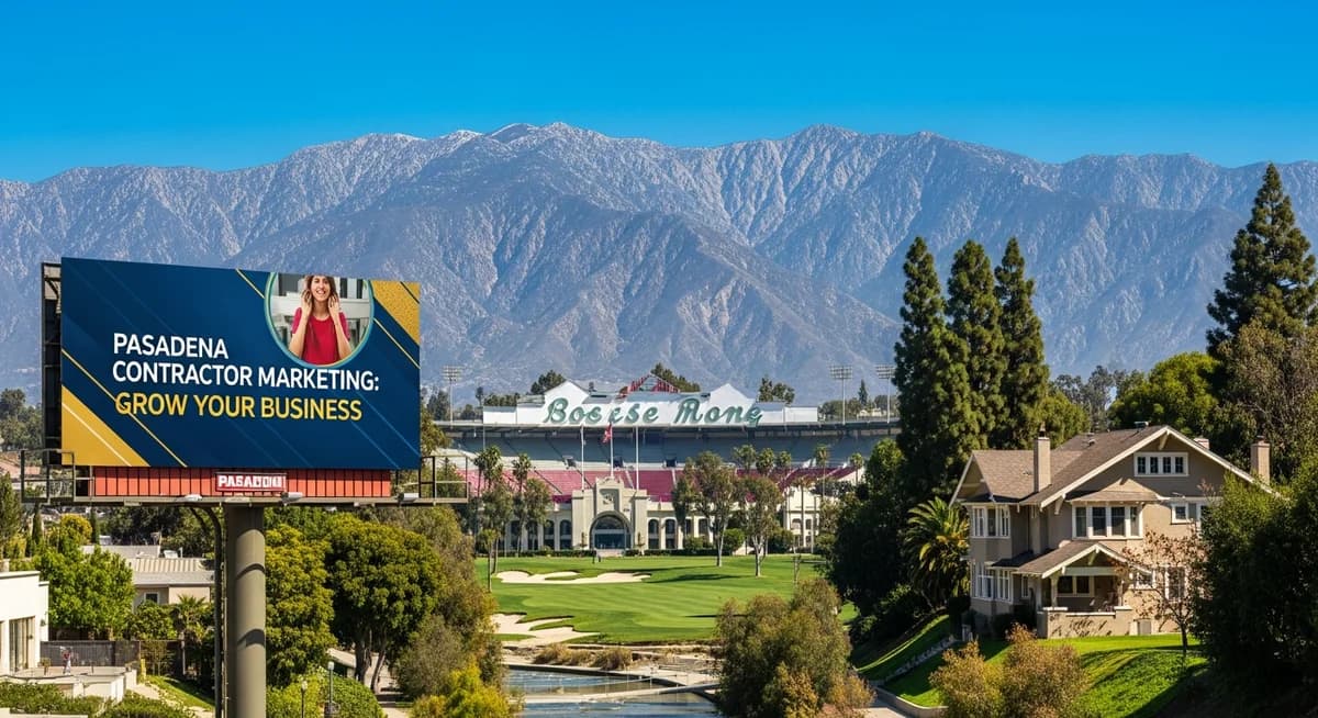 Contractor marketing services in Pasadena California with Rose Bowl stadium Old Town Pasadena historic Craftsman bungalow neighborhood Arroyo Seco San Gabriel Mountains backdrop California blue sky