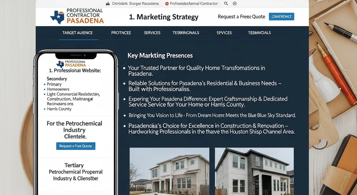 Contractor marketing services in Pasadena, Texas with Harris County Houston Ship Channel petrochemical industrial landscape and suburban residential neighborhoods
