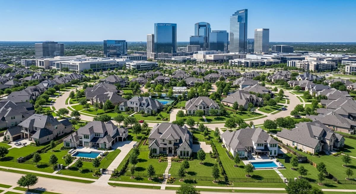 Contractor marketing services in Plano, Texas with affluent Collin County suburban homes and Legacy Business Park skyline backdrop