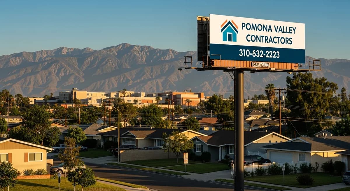 Contractor marketing services in Pomona California with Cal Poly Pomona campus Inland Empire suburban residential neighborhoods San Gabriel Mountains backdrop California blue sky