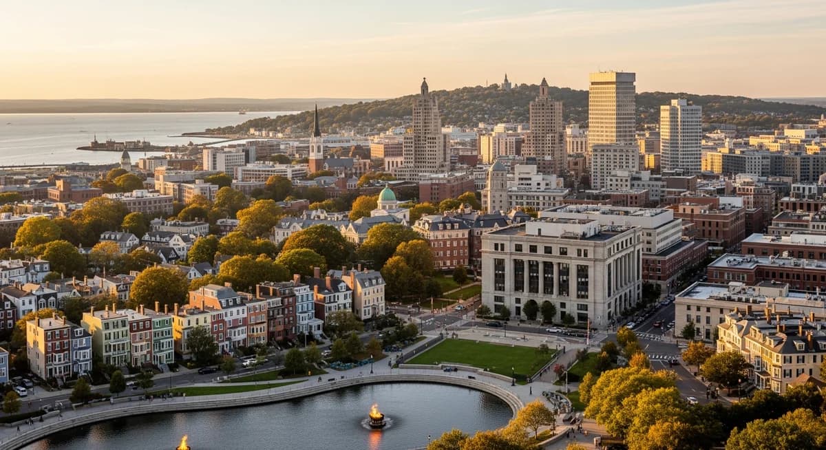 Contractor marketing services in Providence, Rhode Island with WaterPlace Park and Narragansett Bay waterway backdrop and historic New England residential neighborhoods