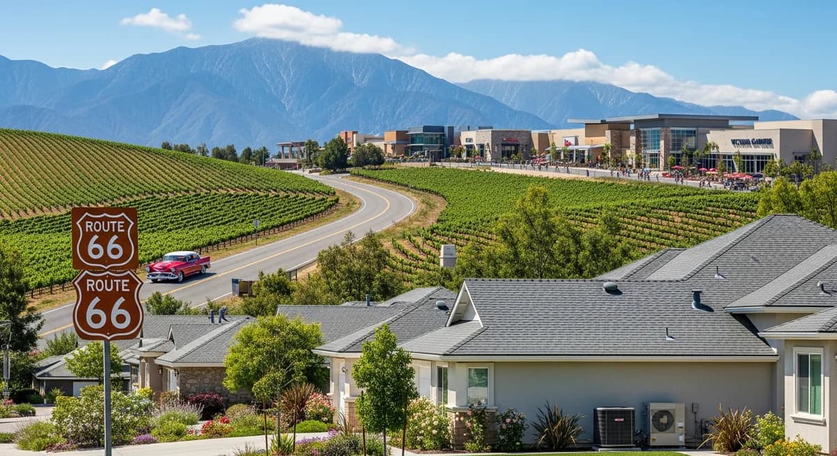 Contractor marketing services in Rancho Cucamonga, California with San Gabriel Mountains vineyard hills Victoria Gardens upscale residential communities and California blue sky