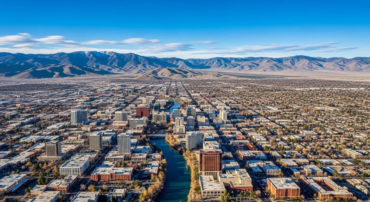 Contractor marketing services in Reno Nevada with Truckee River downtown cityscape Sierra Nevada mountains backdrop Nevada blue sky high desert landscape