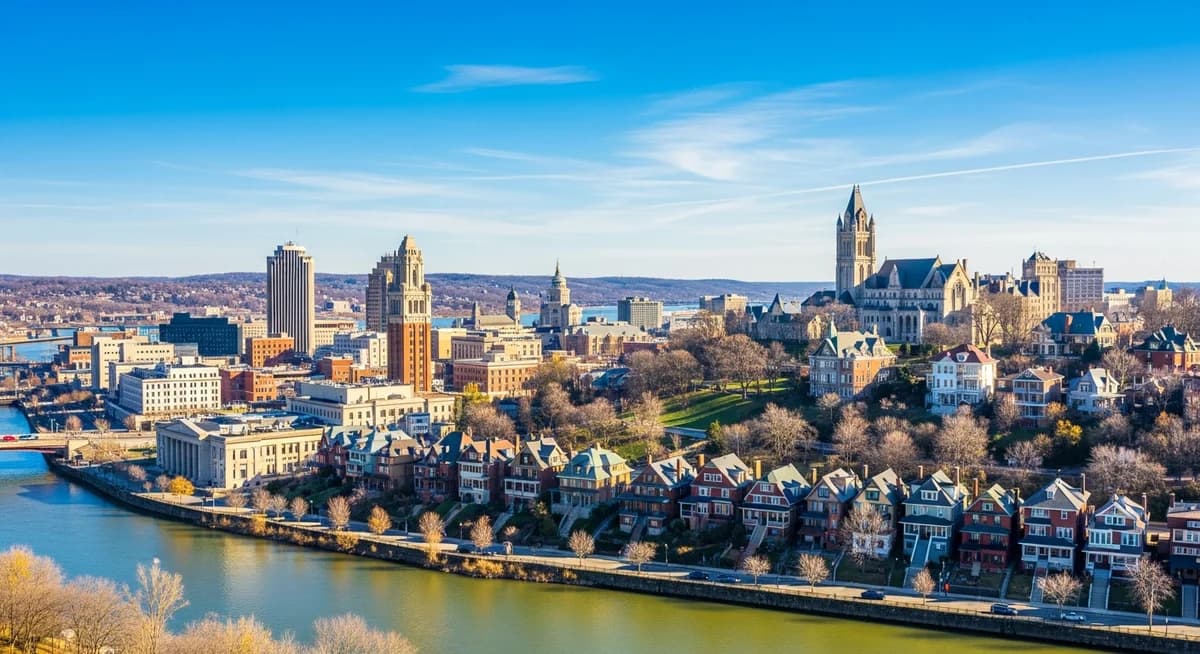 Contractor marketing services in Rochester, New York with Genesee River and downtown skyline backdrop and historic Victorian residential neighborhoods