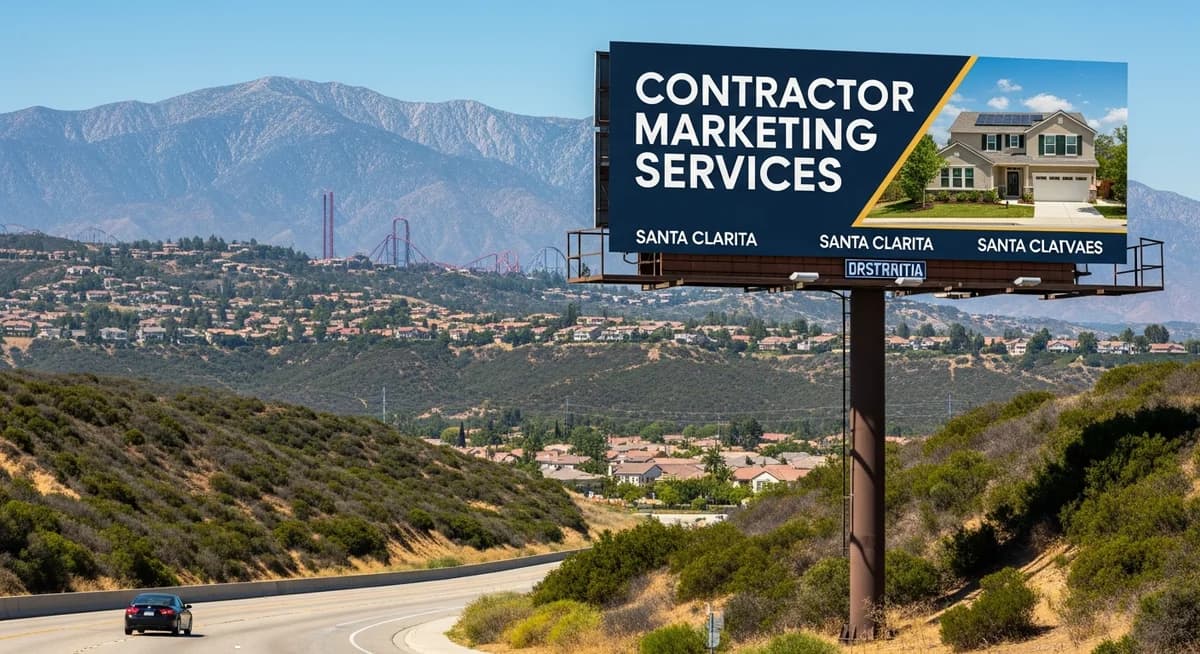 Contractor marketing services in Santa Clarita, California with Santa Clarita Valley suburban neighborhoods Six Flags Magic Mountain foothills San Gabriel Mountains Los Angeles County residential homes California blue sky
