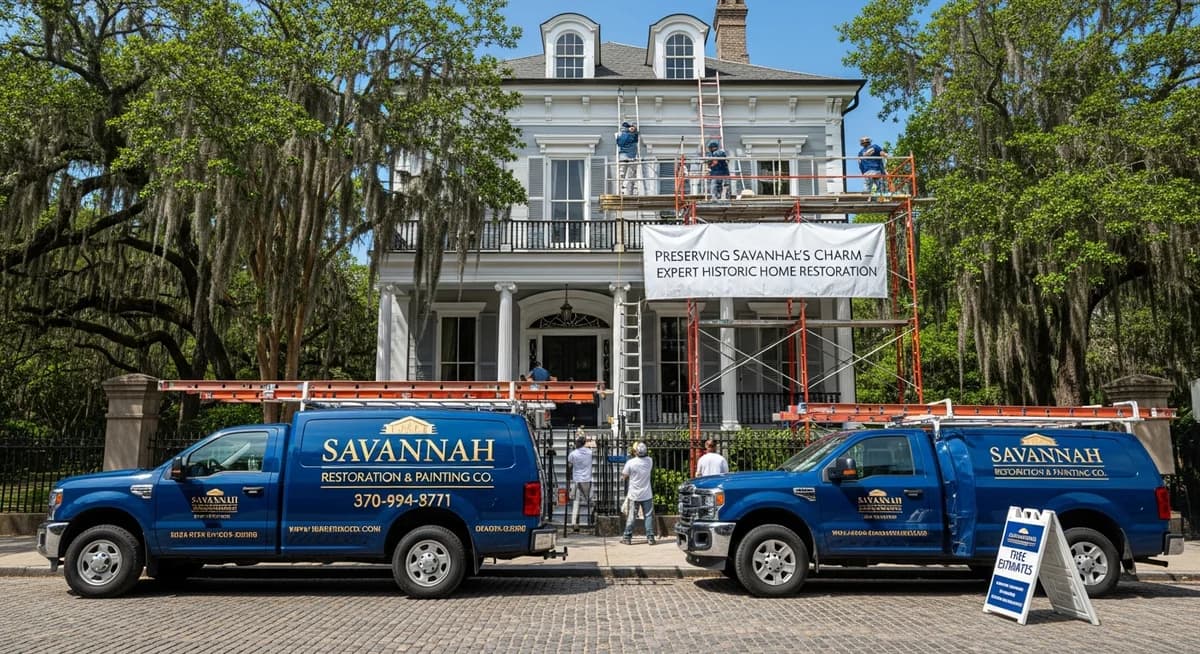 Contractor marketing services in Savannah, Georgia with Forsyth Park moss-draped live oaks historic colonial squares antebellum architecture restoration and Coastal Georgia blue sky