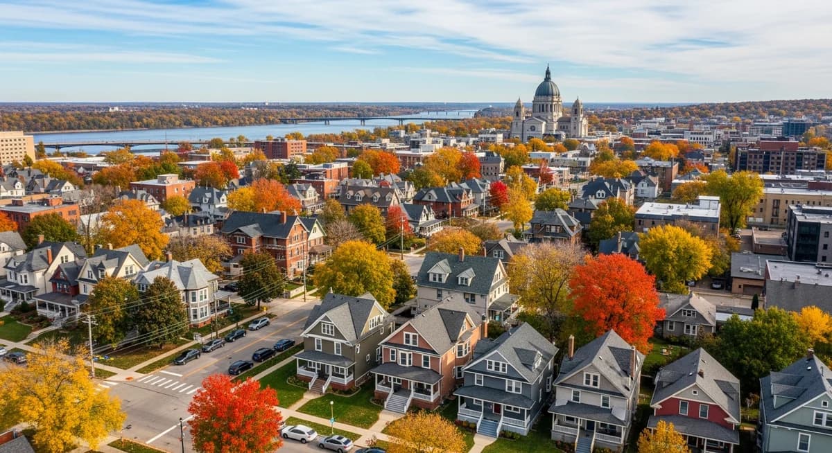 Contractor marketing services in St. Paul, Minnesota with Victorian neighborhood homes and Cathedral of Saint Paul backdrop along the Mississippi River