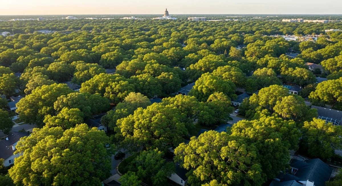 Contractor marketing services in Tallahassee, Florida with Leon County residential neighborhoods surrounded by live oak canopy and Florida State Capitol backdrop