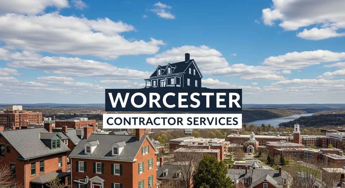 Contractor marketing services in Worcester, Massachusetts with historic New England brick homes downtown Main South neighborhood Clark University college campus Blackstone River Valley Massachusetts blue sky