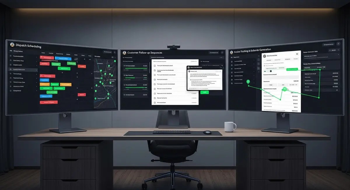 Contractor business dashboard showing AI agents handling dispatch, estimates, customer service, and bookkeeping simultaneously
