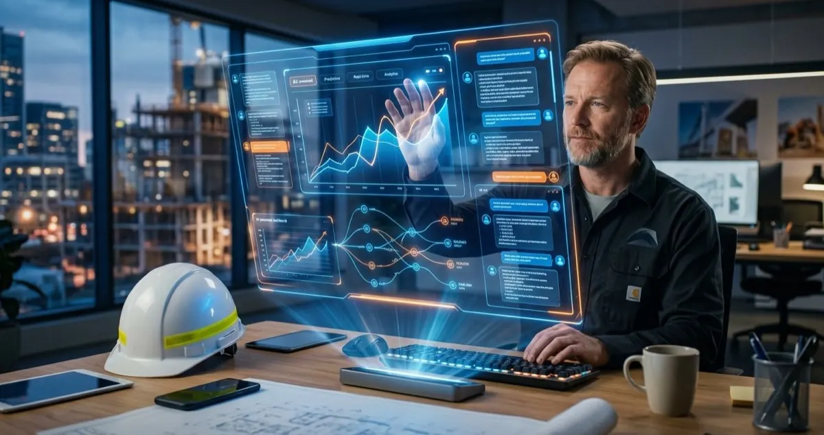 Contractor using AI-powered marketing dashboard with predictive analytics and data-driven insights