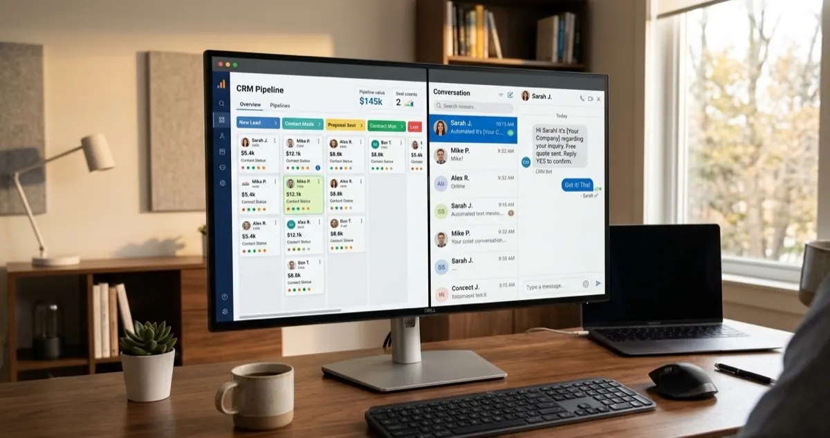 Contractor CRM dashboard showing lead pipeline stages and automated messaging conversations