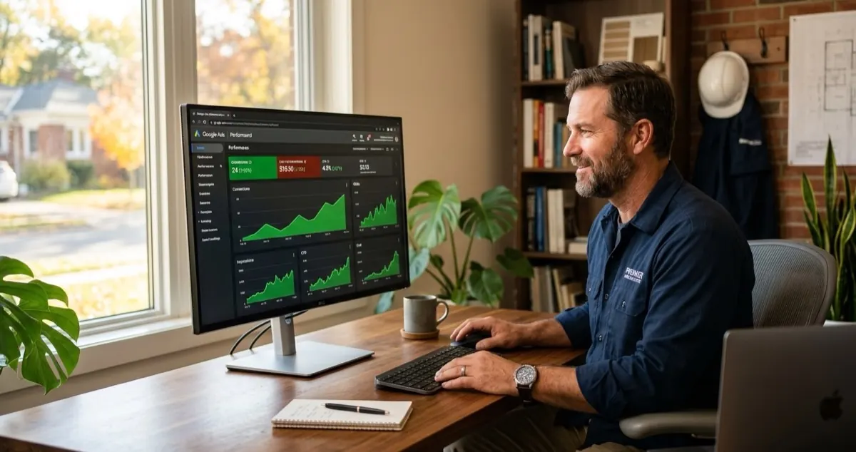 Contractor business owner reviewing Google Ads performance dashboard with upward trending conversion graphs