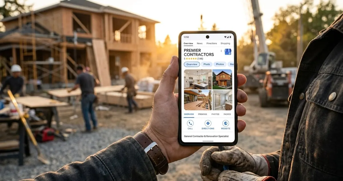Optimized Google Business Profile listing on smartphone with five-star reviews at a construction site