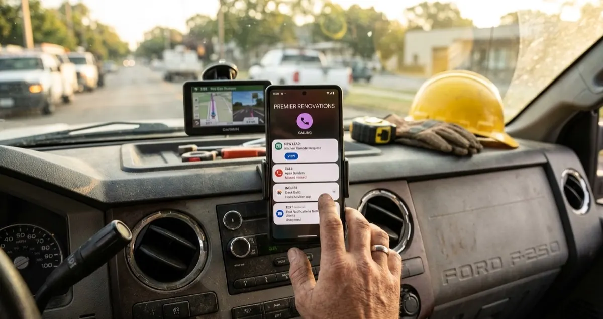 Contractor receiving real-time lead notifications and incoming calls on smartphone in work truck