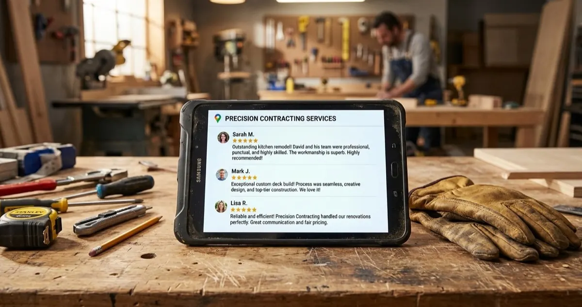 Tablet showing five-star Google reviews and customer testimonials for a contracting company on a workbench