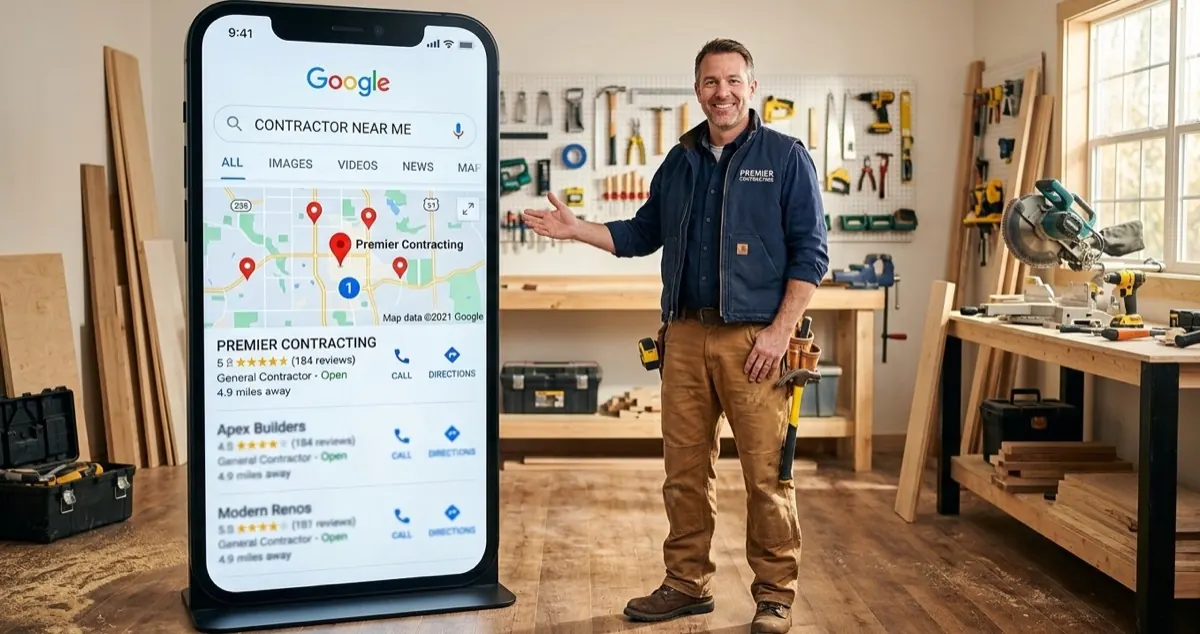 Contractor standing next to Google Map Pack search results showing his business ranked number one for local searches