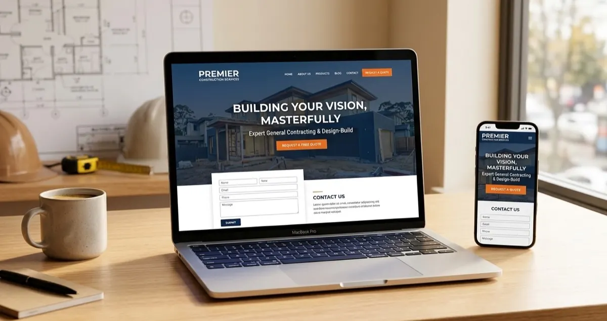 Professional contractor website displayed on laptop and smartphone with responsive design and lead capture form